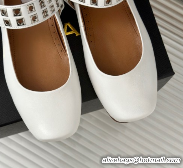 Good Looking Alaia Ballet Flats with Eyelet Studs and Buckle in Calfskin White AL100807 1008037