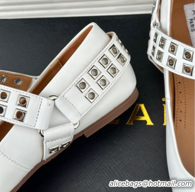 Good Looking Alaia Ballet Flats with Eyelet Studs and Buckle in Calfskin White AL100807 1008037