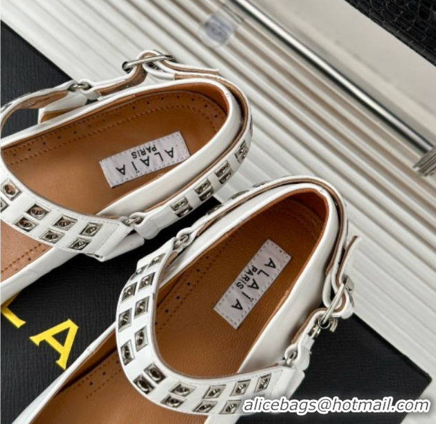 Good Looking Alaia Ballet Flats with Eyelet Studs and Buckle in Calfskin White AL100807 1008037