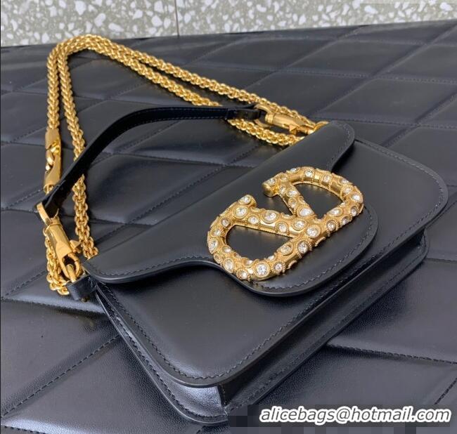 Famous Brand Valentino Loco Small Shoulder Bag in Calfskin Leather with Jewel Logo 5061 Black 2025