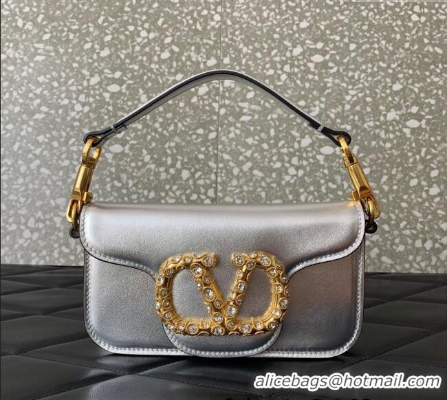 Low Cost Valentino Loco Small Shoulder Bag in Laminated Calfskin with Jewel Logo 5061 Silver 2025