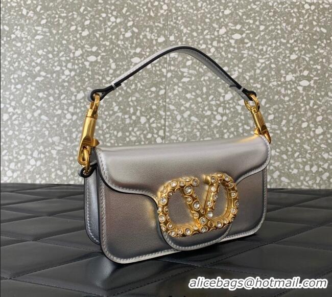 Low Cost Valentino Loco Small Shoulder Bag in Laminated Calfskin with Jewel Logo 5061 Silver 2025