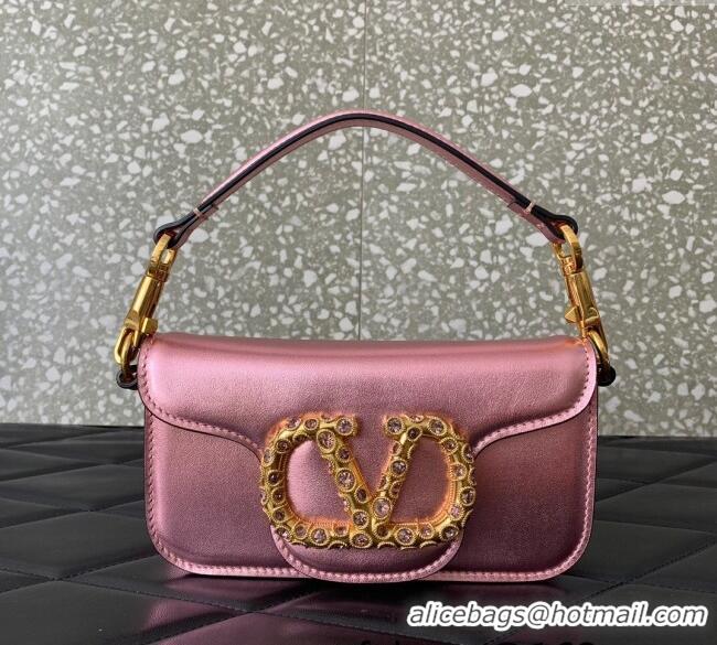 Famous Brand Valentino Loco Small Shoulder Bag in Laminated Calfskin with Jewel Logo 5061 Pink 2025