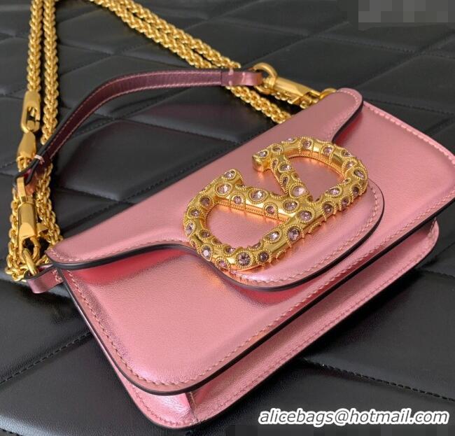 Famous Brand Valentino Loco Small Shoulder Bag in Laminated Calfskin with Jewel Logo 5061 Pink 2025