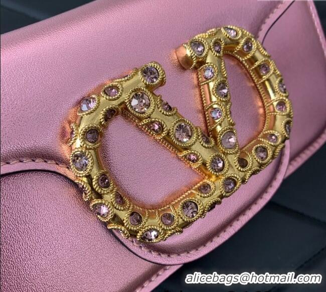 Famous Brand Valentino Loco Small Shoulder Bag in Laminated Calfskin with Jewel Logo 5061 Pink 2025