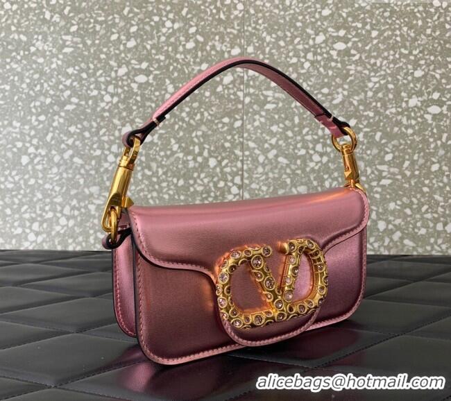 Famous Brand Valentino Loco Small Shoulder Bag in Laminated Calfskin with Jewel Logo 5061 Pink 2025