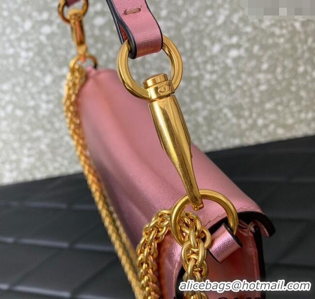 Famous Brand Valentino Loco Small Shoulder Bag in Laminated Calfskin with Jewel Logo 5061 Pink 2025