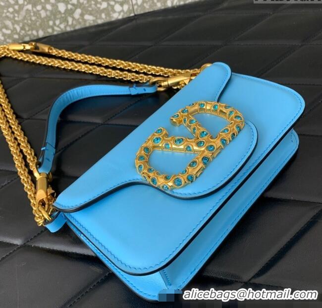 Hot Sell Cheap Valentino Loco Small Shoulder Bag in Calfskin Leather with Jewel Logo 5061 Light Blue 2025