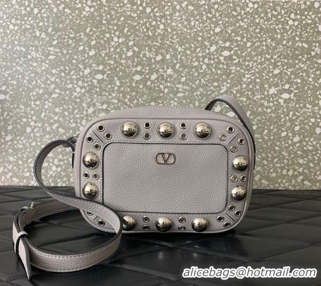 Famous Brand Valentino Nellcote Crossbody Bag in Grainy Calfskin with Ball Studs 6207 Grey 2025