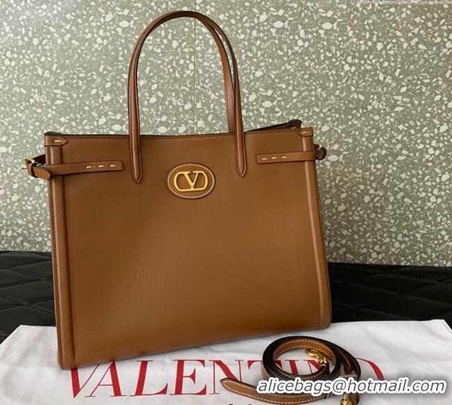 Pretty Style Valentino Antibes Medium Shopping Bag in Calfskin with Slide Buckles 6220L Brown 2025