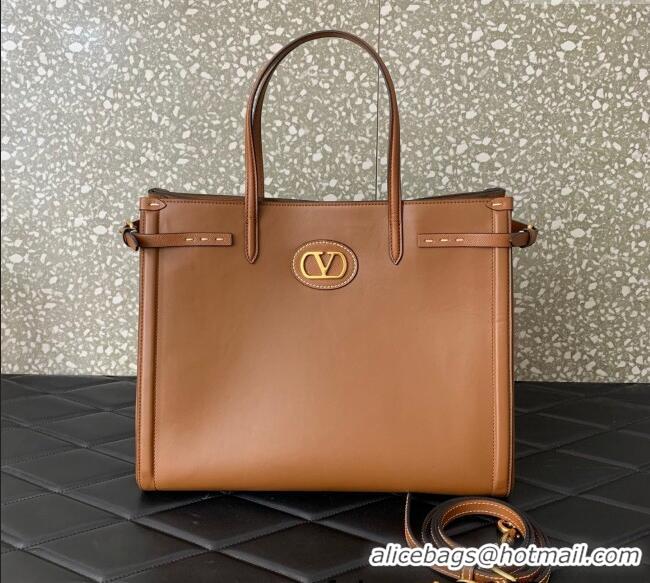 Pretty Style Valentino Antibes Medium Shopping Bag in Calfskin with Slide Buckles 6220L Brown 2025