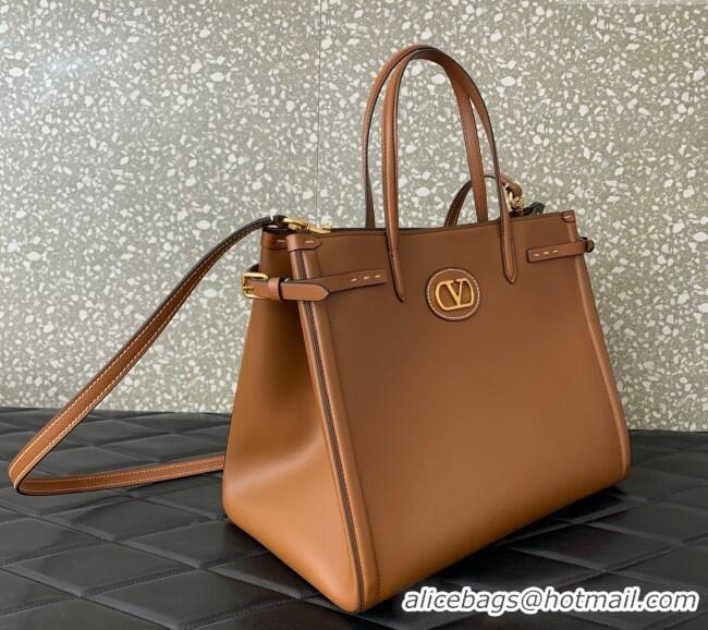 Pretty Style Valentino Antibes Medium Shopping Bag in Calfskin with Slide Buckles 6220L Brown 2025