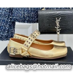 Shop Duplicate Alaia Ballet Flats with Eyelet Studs and Buckle in Calfskin Gold AL100807 1008039