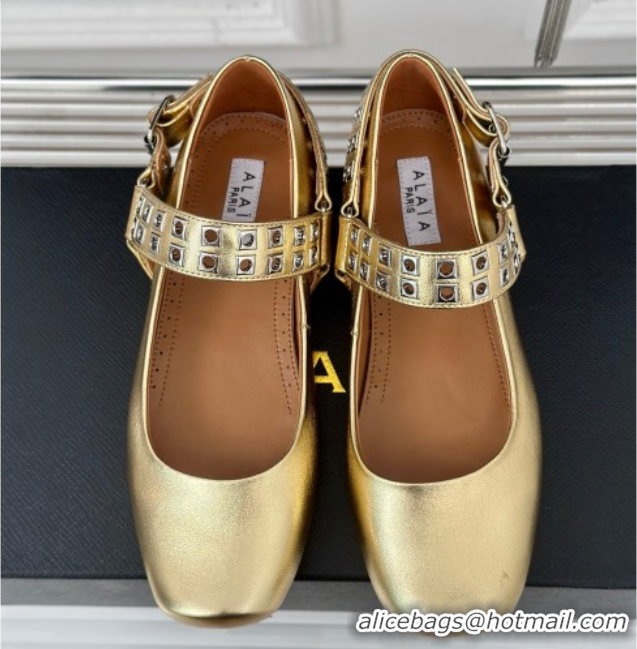Shop Duplicate Alaia Ballet Flats with Eyelet Studs and Buckle in Calfskin Gold AL100807 1008039