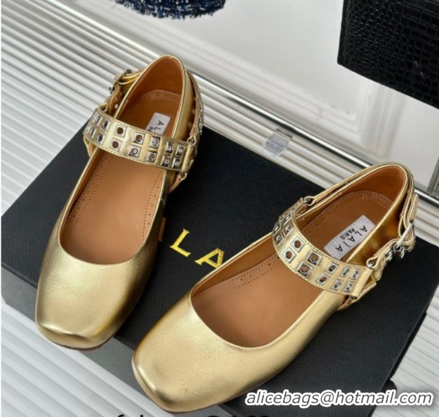 Shop Duplicate Alaia Ballet Flats with Eyelet Studs and Buckle in Calfskin Gold AL100807 1008039