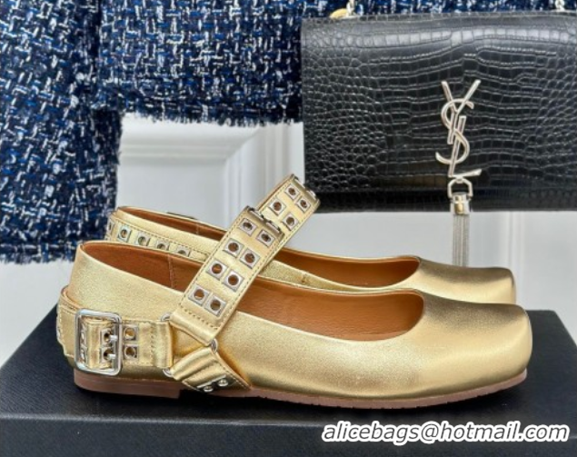 Shop Duplicate Alaia Ballet Flats with Eyelet Studs and Buckle in Calfskin Gold AL100807 1008039