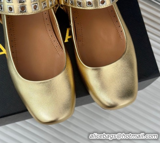 Shop Duplicate Alaia Ballet Flats with Eyelet Studs and Buckle in Calfskin Gold AL100807 1008039
