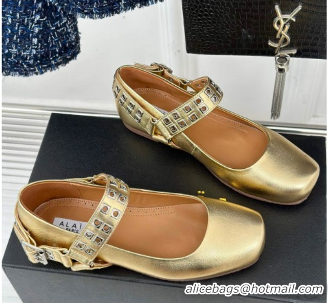 Shop Duplicate Alaia Ballet Flats with Eyelet Studs and Buckle in Calfskin Gold AL100807 1008039