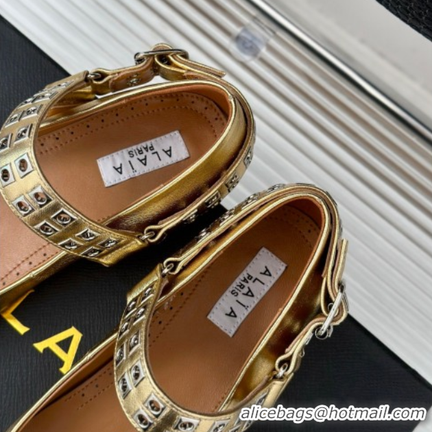 Shop Duplicate Alaia Ballet Flats with Eyelet Studs and Buckle in Calfskin Gold AL100807 1008039