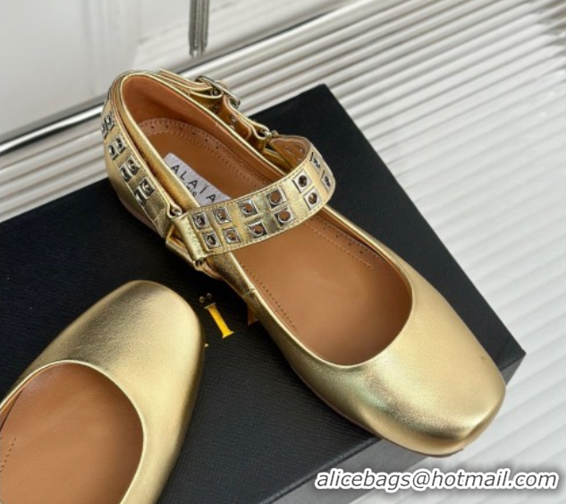 Shop Duplicate Alaia Ballet Flats with Eyelet Studs and Buckle in Calfskin Gold AL100807 1008039