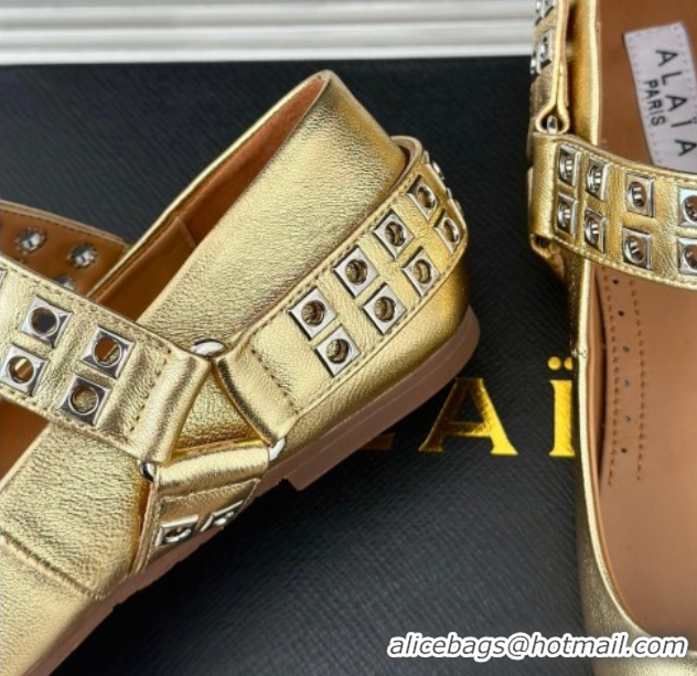 Shop Duplicate Alaia Ballet Flats with Eyelet Studs and Buckle in Calfskin Gold AL100807 1008039