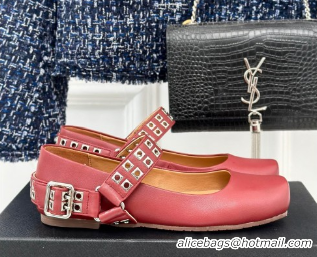 Good Quality Alaia Ballet Flats with Eyelet Studs and Buckle in Calfskin Burgundy AL100807 1008040