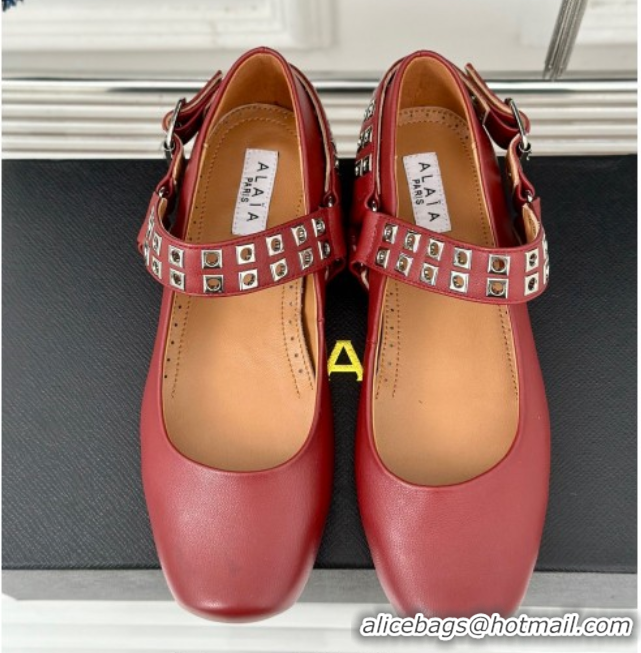 Good Quality Alaia Ballet Flats with Eyelet Studs and Buckle in Calfskin Burgundy AL100807 1008040