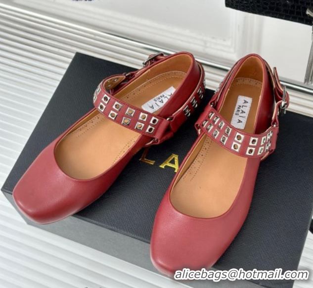 Good Quality Alaia Ballet Flats with Eyelet Studs and Buckle in Calfskin Burgundy AL100807 1008040
