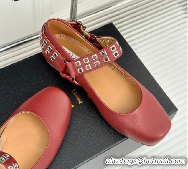 Good Quality Alaia Ballet Flats with Eyelet Studs and Buckle in Calfskin Burgundy AL100807 1008040