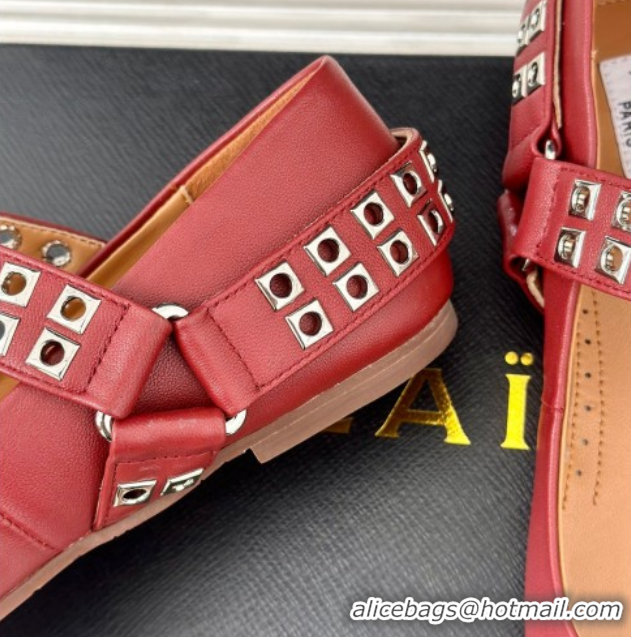 Good Quality Alaia Ballet Flats with Eyelet Studs and Buckle in Calfskin Burgundy AL100807 1008040