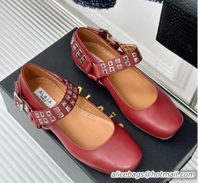 Good Quality Alaia Ballet Flats with Eyelet Studs and Buckle in Calfskin Burgundy AL100807 1008040