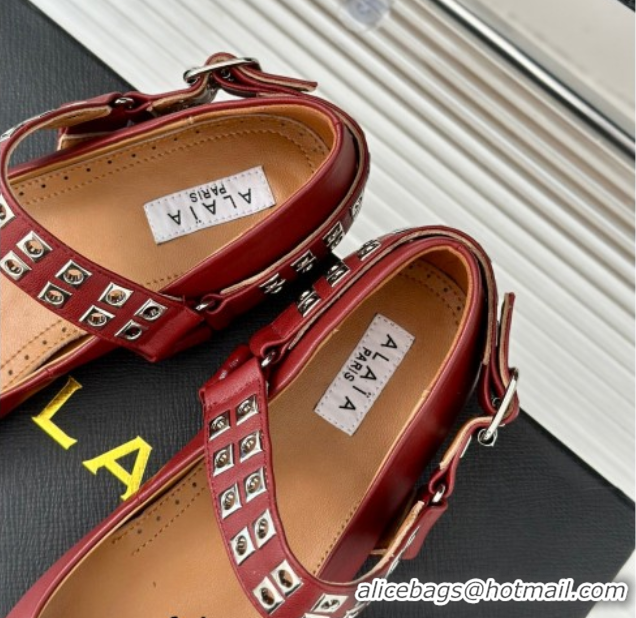 Good Quality Alaia Ballet Flats with Eyelet Studs and Buckle in Calfskin Burgundy AL100807 1008040
