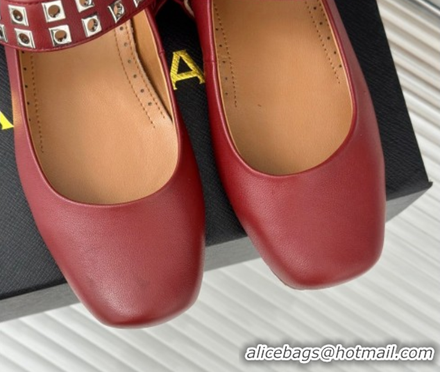 Good Quality Alaia Ballet Flats with Eyelet Studs and Buckle in Calfskin Burgundy AL100807 1008040