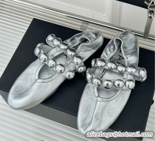 Grade Quality Alaia Sphere Ballet Flats in Metallic Calfskin with Double Strap Silver 1008041