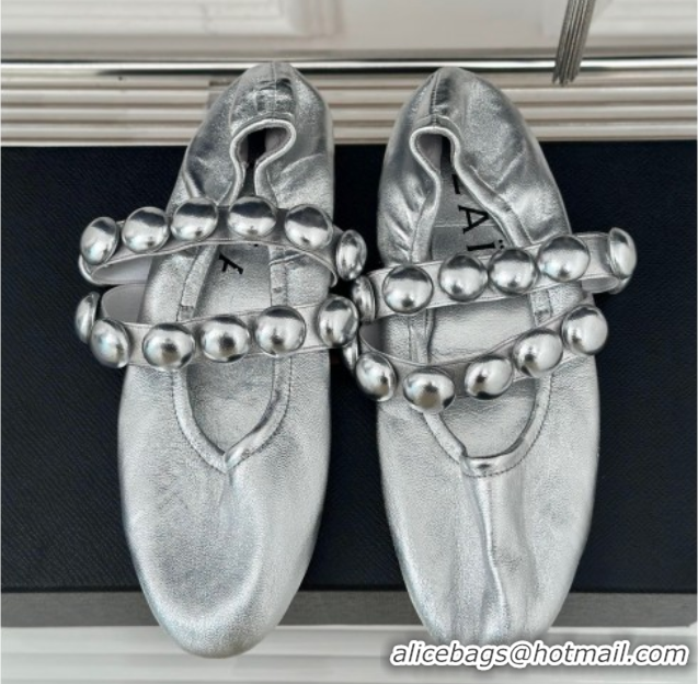 Grade Quality Alaia Sphere Ballet Flats in Metallic Calfskin with Double Strap Silver 1008041