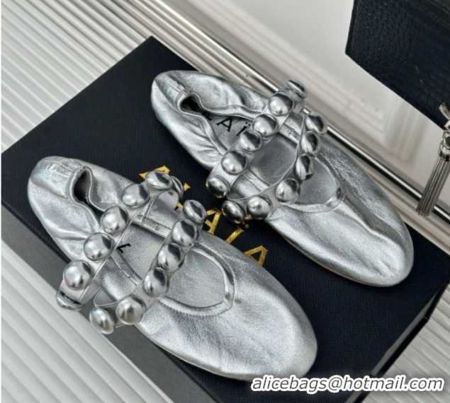 Grade Quality Alaia Sphere Ballet Flats in Metallic Calfskin with Double Strap Silver 1008041