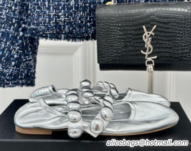 Grade Quality Alaia Sphere Ballet Flats in Metallic Calfskin with Double Strap Silver 1008041