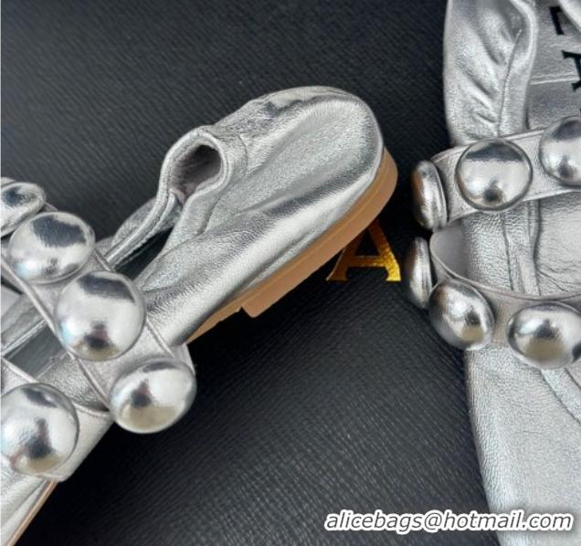 Grade Quality Alaia Sphere Ballet Flats in Metallic Calfskin with Double Strap Silver 1008041
