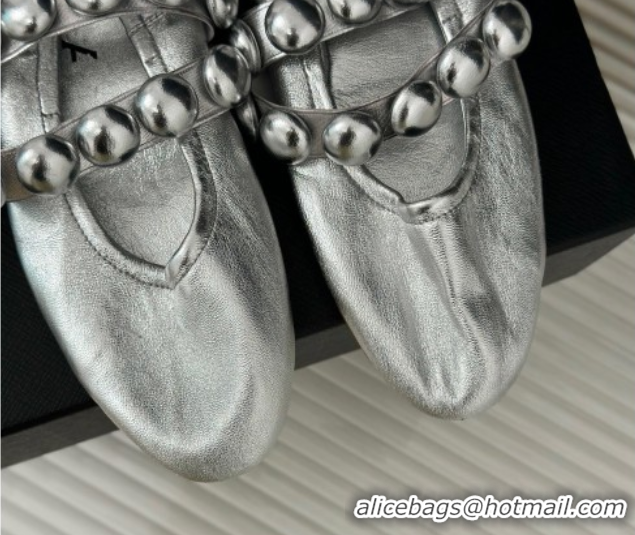 Grade Quality Alaia Sphere Ballet Flats in Metallic Calfskin with Double Strap Silver 1008041