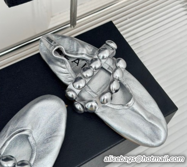 Grade Quality Alaia Sphere Ballet Flats in Metallic Calfskin with Double Strap Silver 1008041