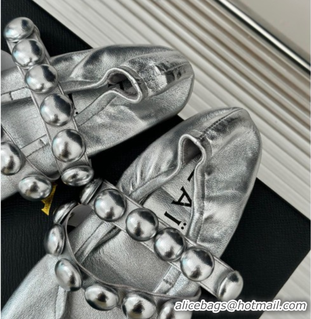 Grade Quality Alaia Sphere Ballet Flats in Metallic Calfskin with Double Strap Silver 1008041