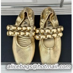 Best Grade Alaia Sphere Ballet Flats in Metallic Calfskin with Double Strap Gold AL100808 1008042