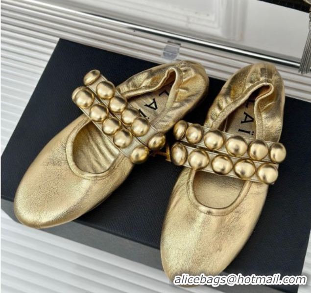 Best Grade Alaia Sphere Ballet Flats in Metallic Calfskin with Double Strap Gold AL100808 1008042