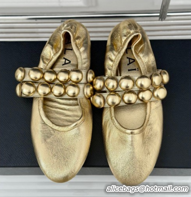Best Grade Alaia Sphere Ballet Flats in Metallic Calfskin with Double Strap Gold AL100808 1008042