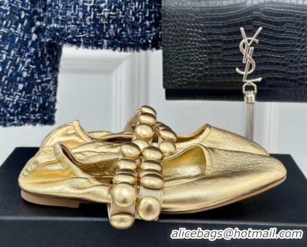 Best Grade Alaia Sphere Ballet Flats in Metallic Calfskin with Double Strap Gold AL100808 1008042