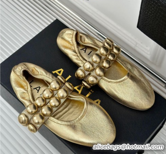 Best Grade Alaia Sphere Ballet Flats in Metallic Calfskin with Double Strap Gold AL100808 1008042