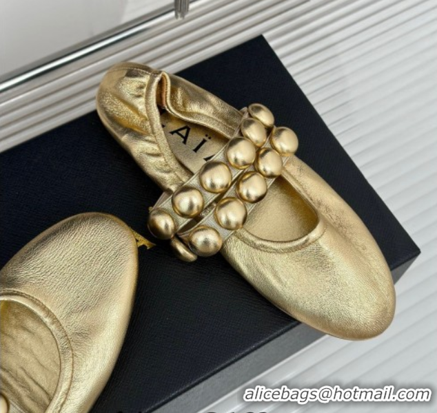 Best Grade Alaia Sphere Ballet Flats in Metallic Calfskin with Double Strap Gold AL100808 1008042