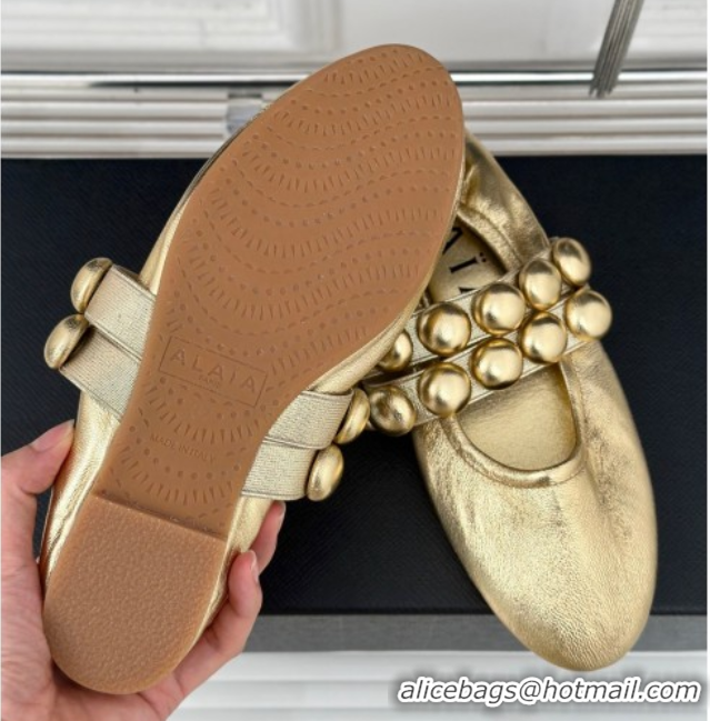 Best Grade Alaia Sphere Ballet Flats in Metallic Calfskin with Double Strap Gold AL100808 1008042