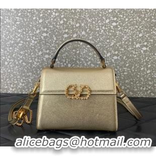 Best Quality Valentino VSLING Small Top Handle Bag in Laminated Grainy Calfskin with Jeweled VLogo 7010 Gold 2025