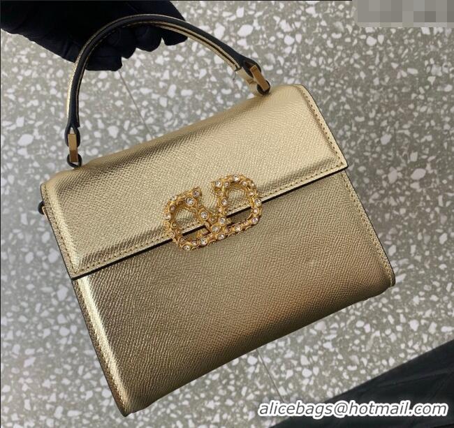 Best Quality Valentino VSLING Small Top Handle Bag in Laminated Grainy Calfskin with Jeweled VLogo 7010 Gold 2025